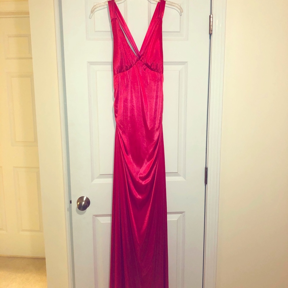 Coral pink silk gown with open back